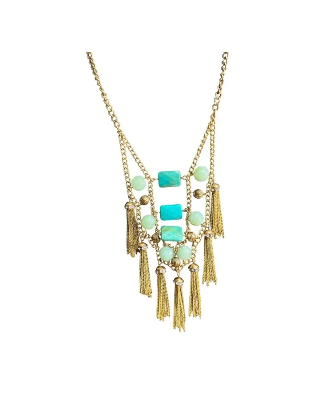 I Am Necklace Blue Beaded Tassel Boho Southwestern Gold Tone 19-22 inches